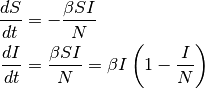 \begin{aligned}
\frac{dS}{dt} & = -\frac{\beta SI}{N}\\
\frac{dI}{dt} & = \frac{\beta SI}{N} = \beta I \left(1-\frac{I}{N}\right)
\end{aligned}
